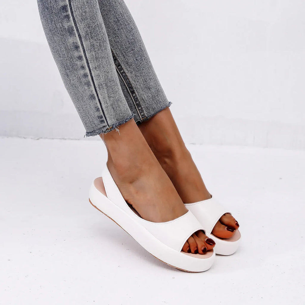 Women's solid colour fish mouth flat sandals with back strap, artificial PU upper, rubber sole