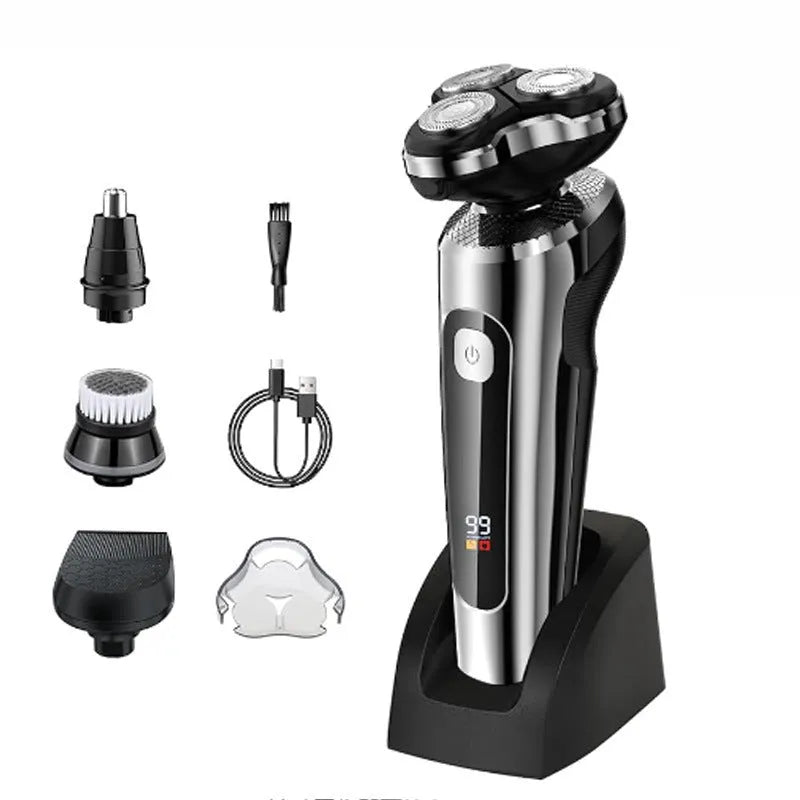 USB rechargeable beard trimmer with digital display on a five-in-one charging base bracket.