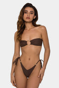 Brown women's tube top ring tether push up bikini swimsuit laid flat.