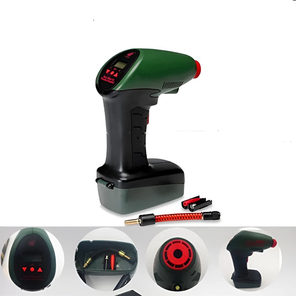 Mini digital inflator pump with ABS body, 12V power, digital display, and 1000 psi pressure rating