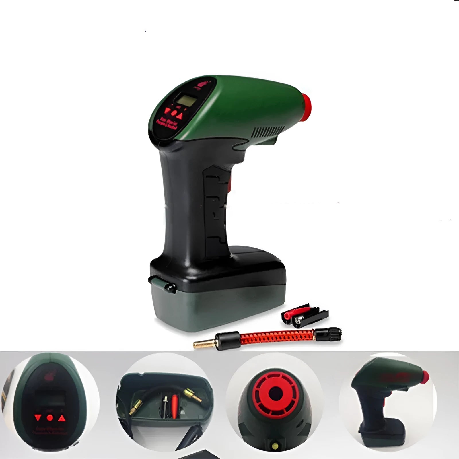 Mini digital inflator pump with ABS body, 12V power, digital display, and 1000 psi pressure rating