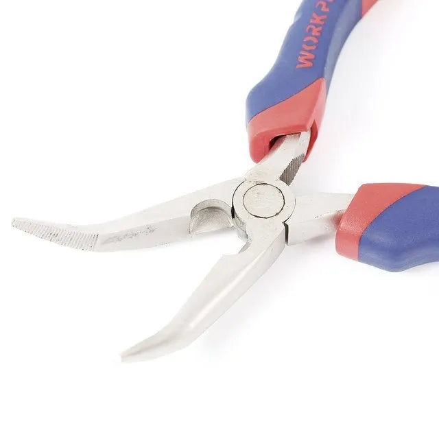 Blue-handled curved nose pliers with a double-colour sleeve grip and a tapered bent tip.