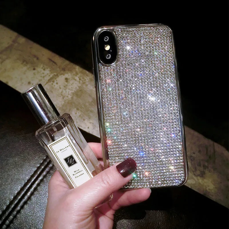 Silver silicone iPhone case with full diamond crystal decoration showing front and back views