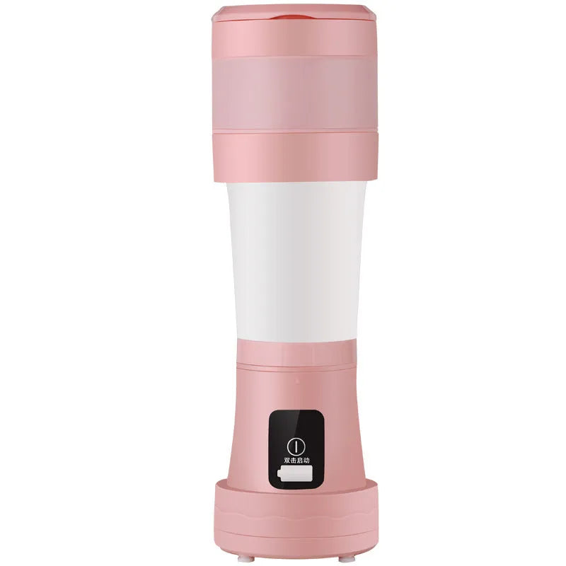 Blue portable blender with USB charging cable, shown folded and extended next to fruits.