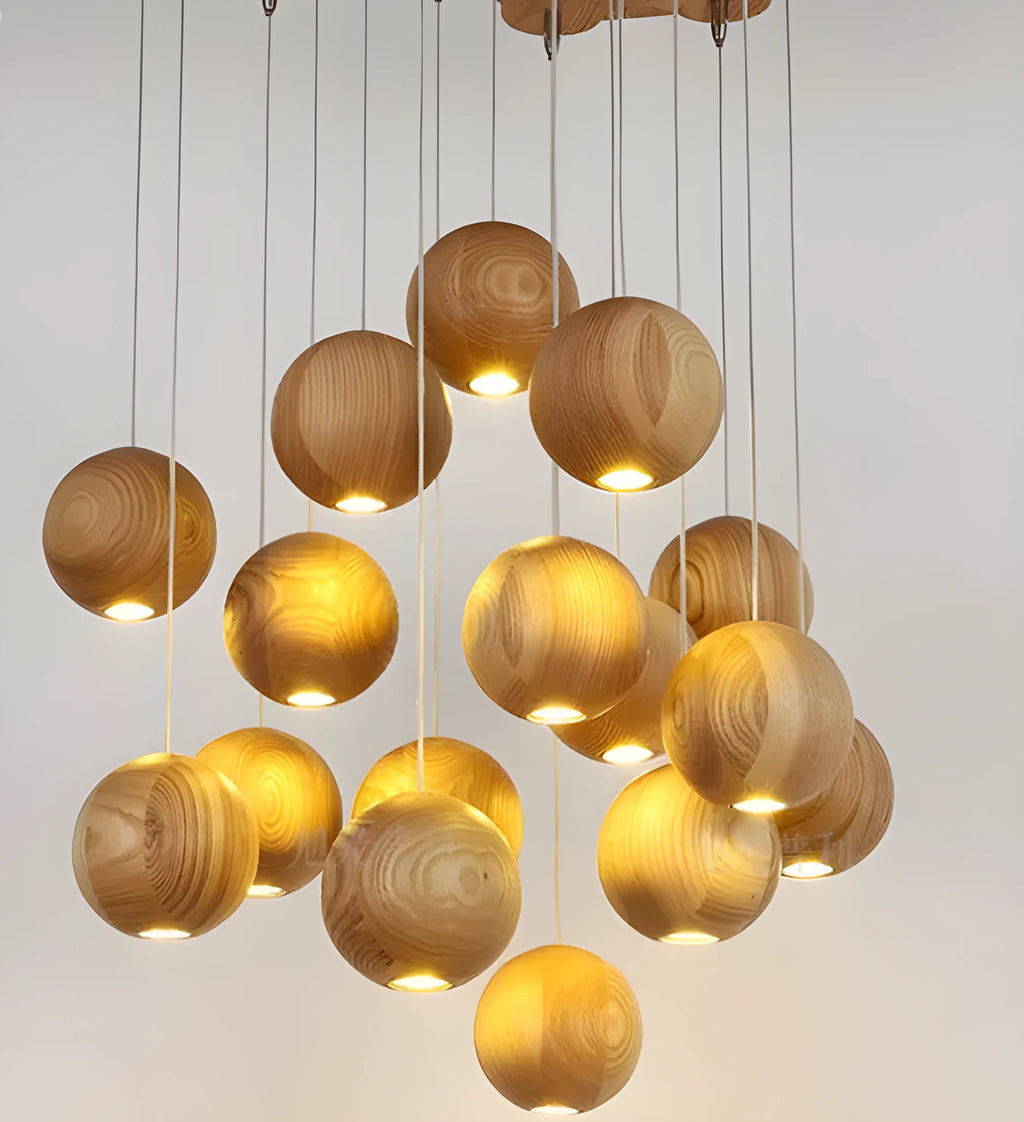 Nordic style solid wood ball chandelier pendant light with adjustable height cord