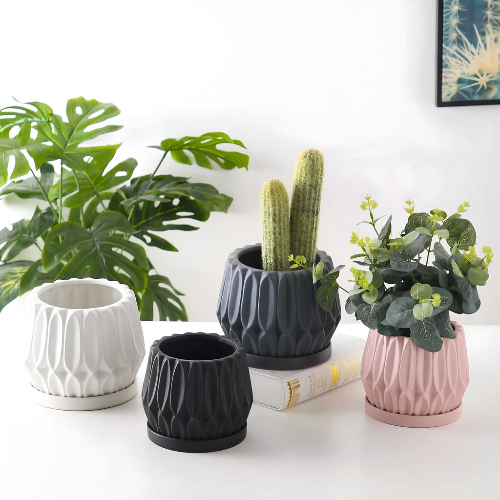 Grey ceramic tabletop plant flowerpot medium size for indoor plants