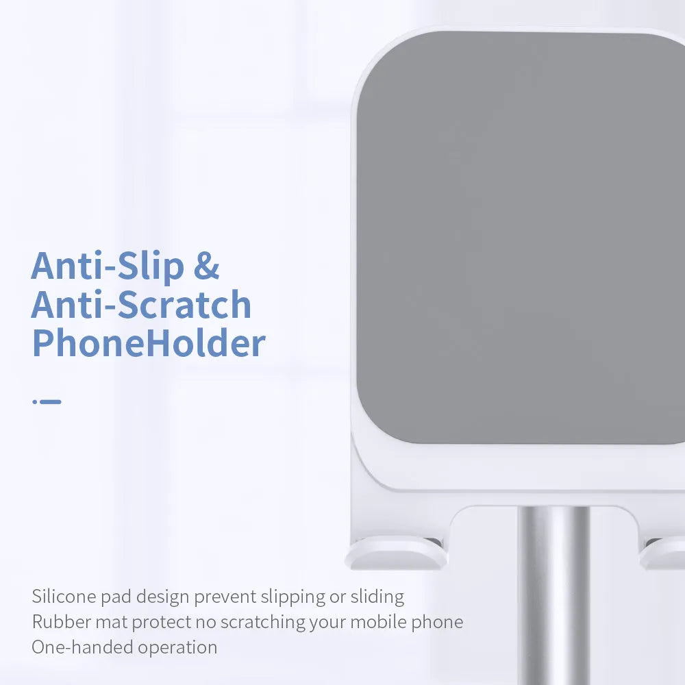 Silver white aluminium alloy mobile phone stand holding a smartphone on a desk