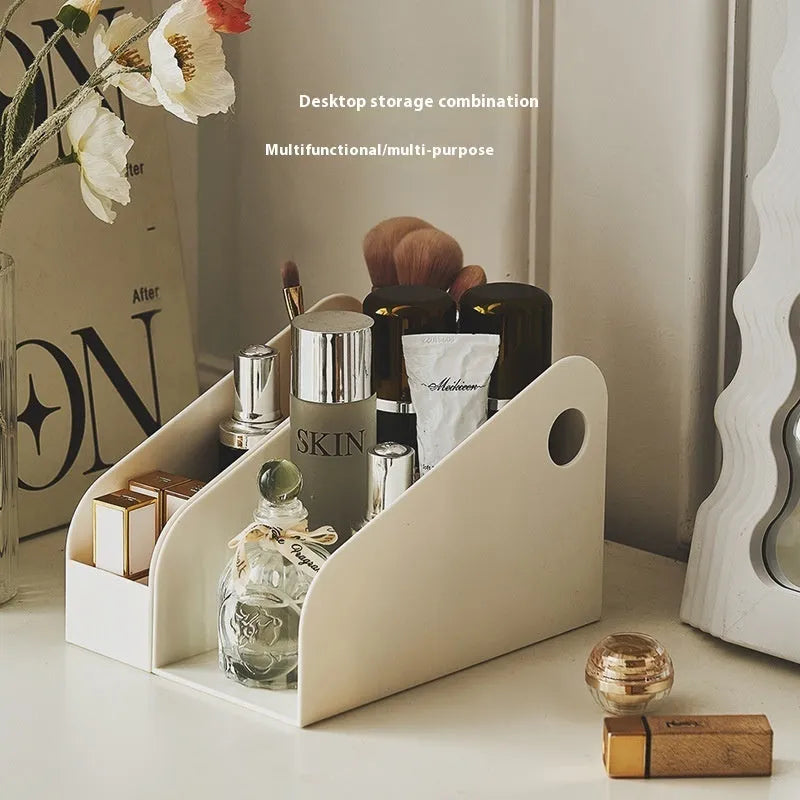Desktop plastic storage box with two-layer shelf design in milk coffee colour