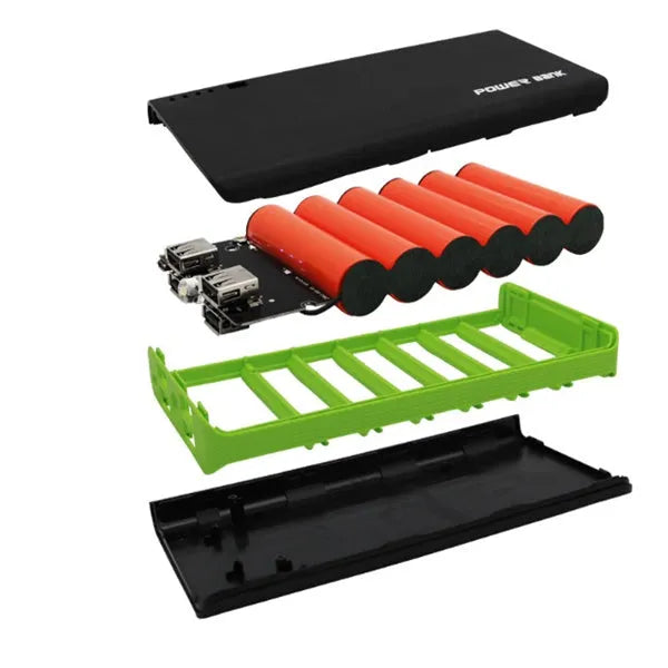 Red 20000mAh portable power bank showing size relative to a hand, with USB port visible.