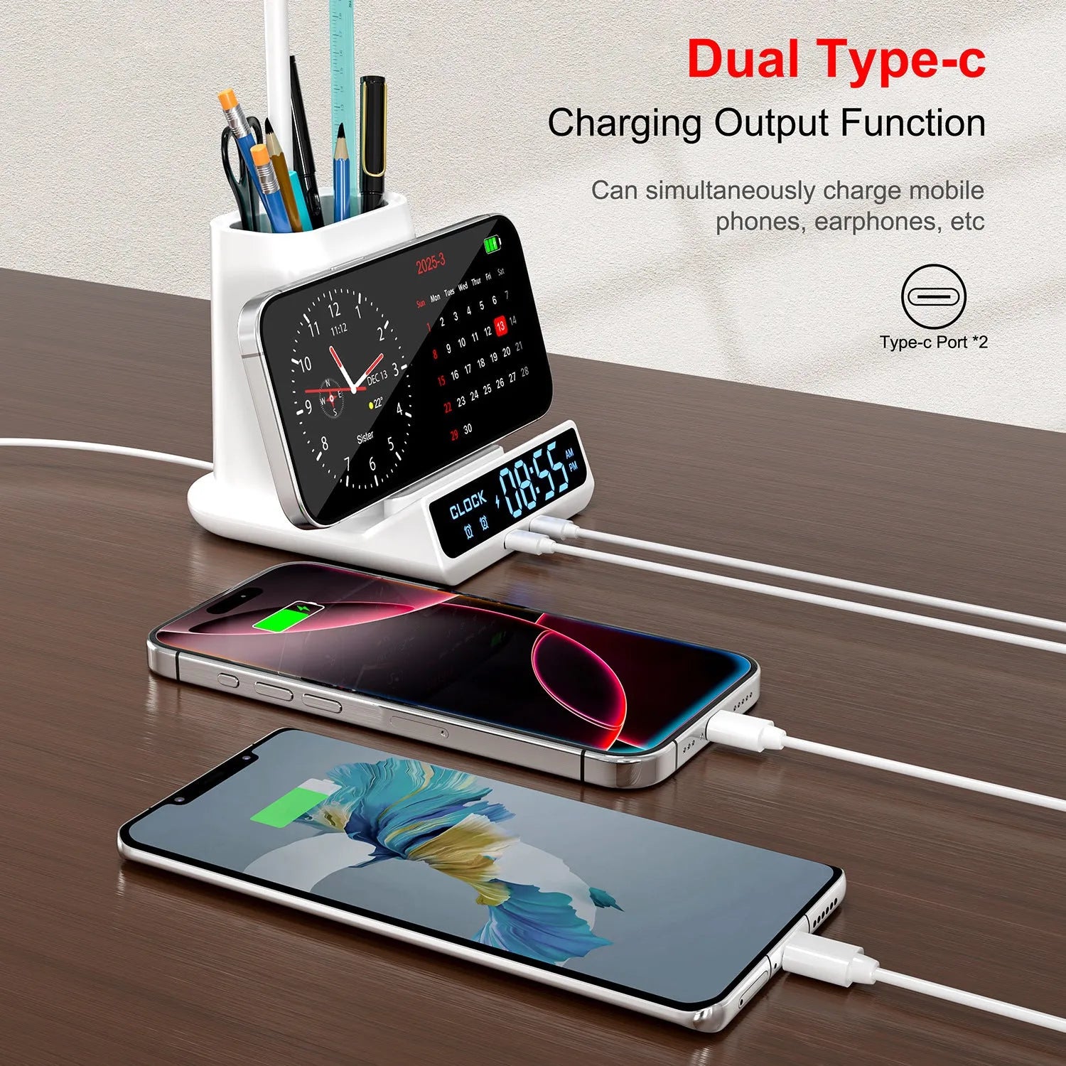Modern desk lamp with wireless charging base and integrated pen holder storage compartment.