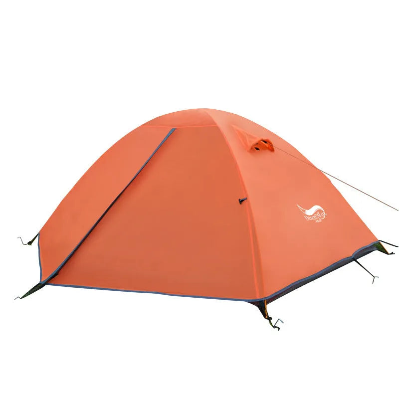 Double layer 2 person camping tent in grass green orange with 210T PU coated outer, 2100 Oxford cloth groundsheet and 8M glass fibre poles