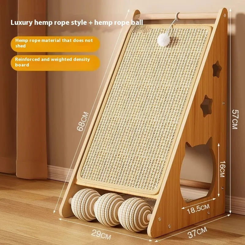 Vertical wall-mounted cat scratch board with sisal surface and dangling teasing ball