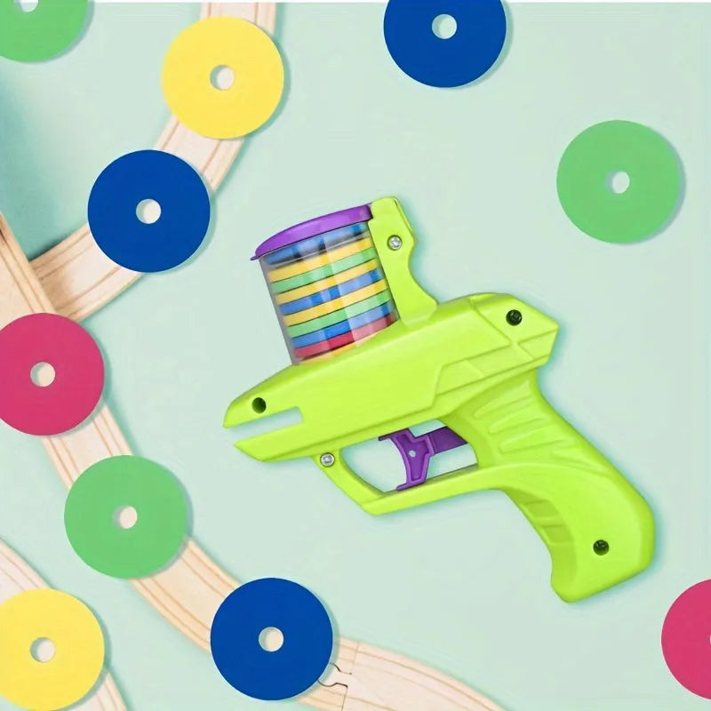 Green and purple battery-free interactive cat toy launcher with foam disc