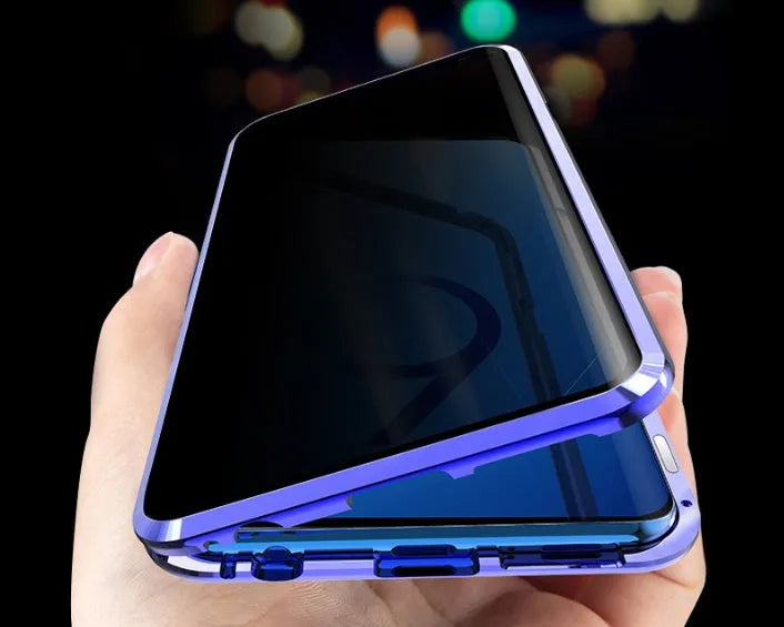 Black clamshell anti-peeping magnetic phone case for Samsung Galaxy shown open and closed.