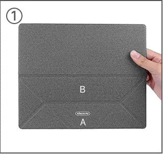 Blue or grey portable foldable laptop cooling stand bracket with anti-slip pads on a flat surface.