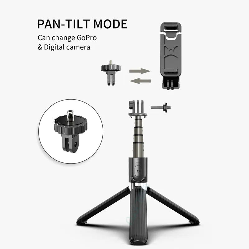 Black aluminium iPhone tripod selfie stick fully extended next to an iPhone.