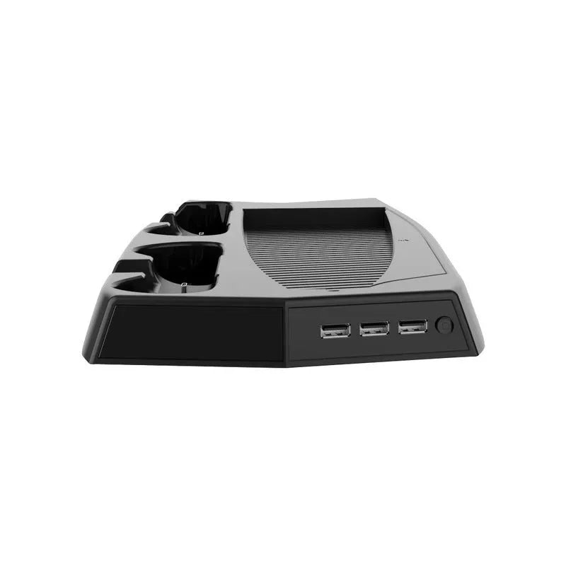 Black PS5 charging cooling base station with two controller docks and USB ports