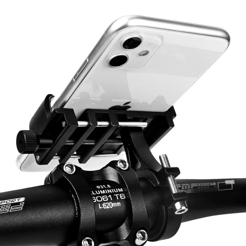 Aluminum shockproof phone holder for outdoor cycling in black, red, grey, and titanium colour options