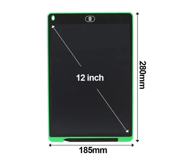 12 inch LCD writing tablet in black with ABS frame, 2032 dpi screen, and CR2020 battery