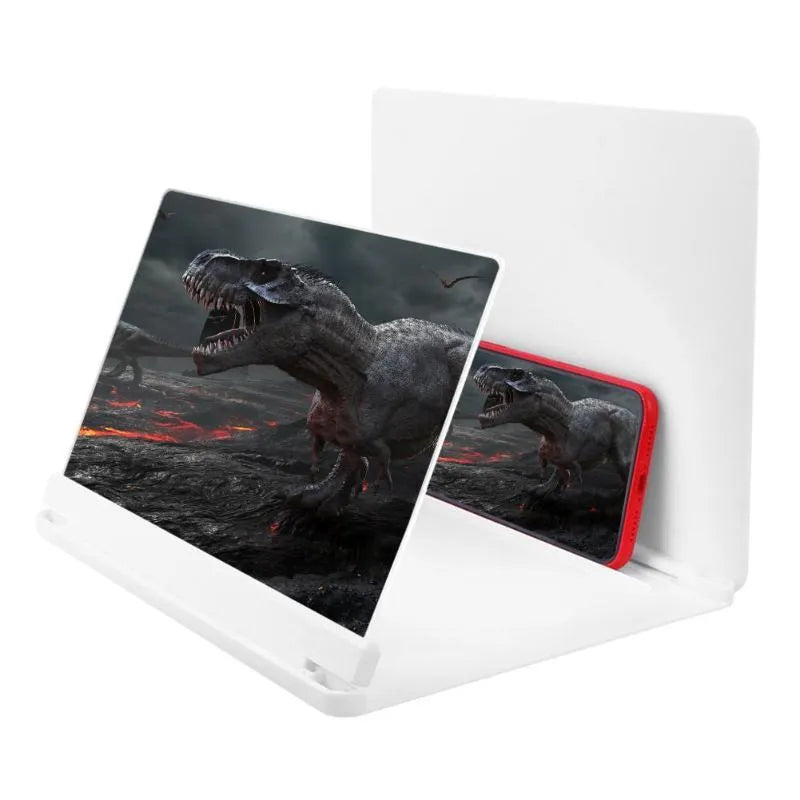 White phone screen amplifier with plexiglass lens showing smartphone magnification