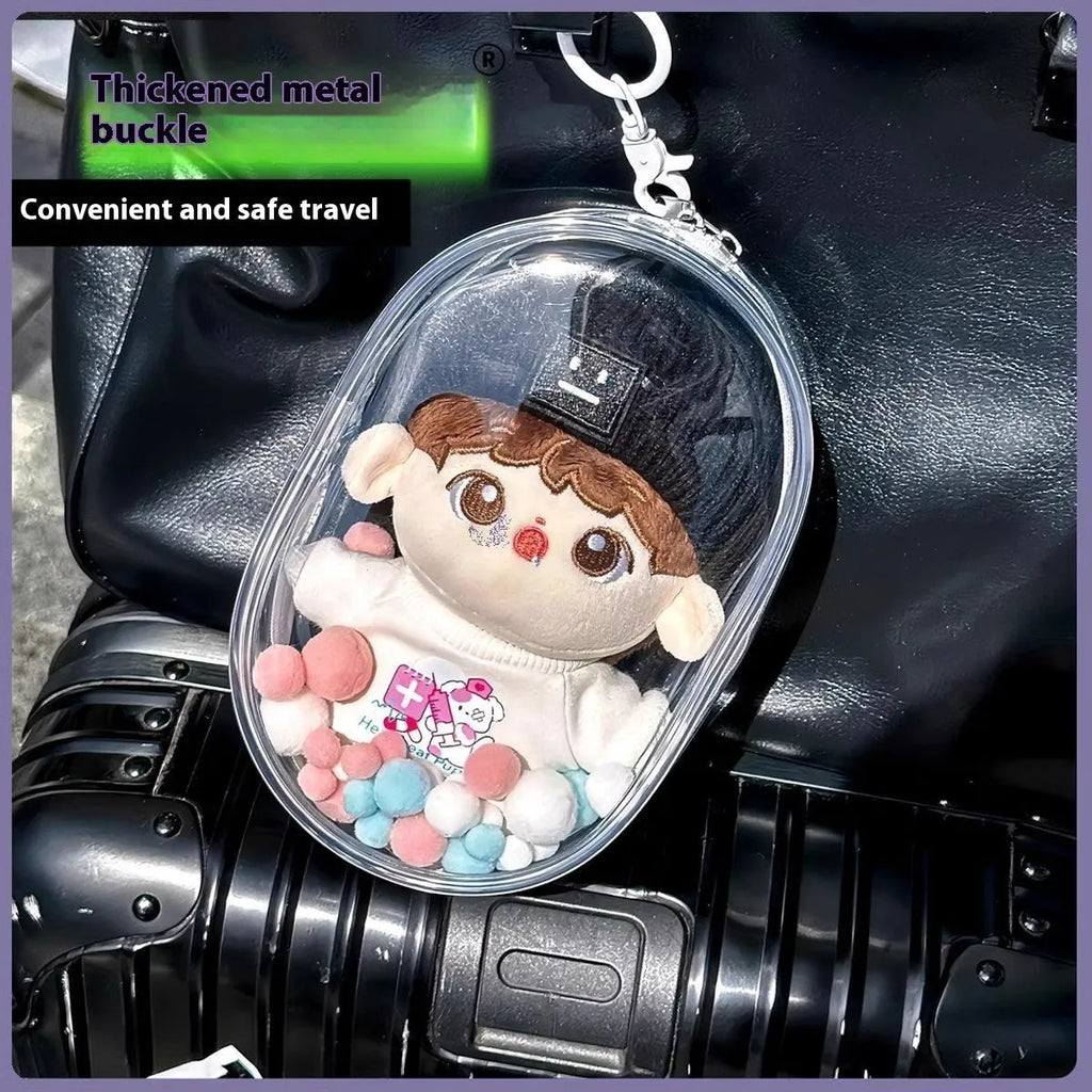 Clear PVC cube storage bag 17cm with keychain in avocado green colour for dolls.