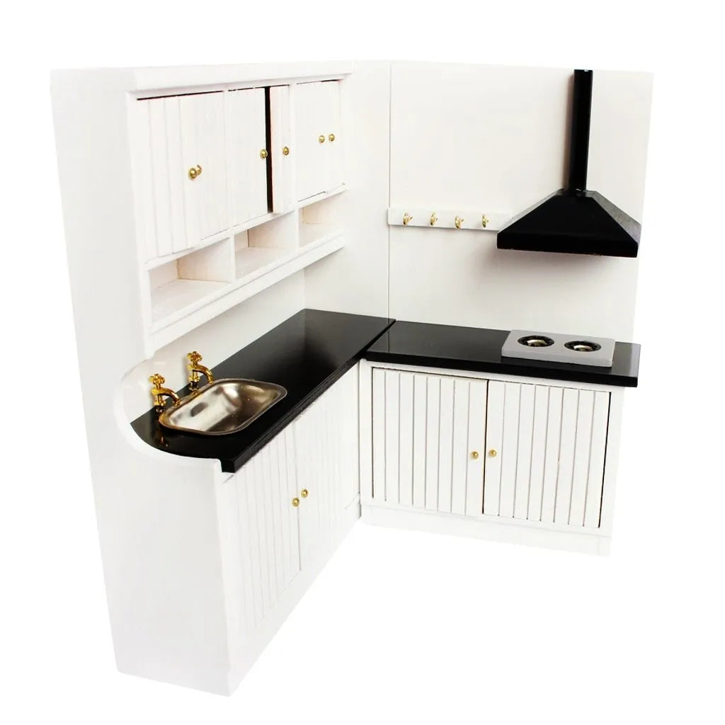 Two-piece white dollhouse kitchen cabinets with working doors and metal handles