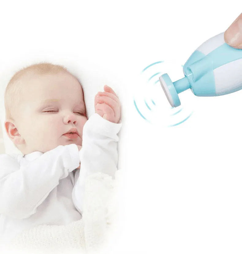 Blue anti-scratch multifunctional baby electric nail polisher with LED light and six grinding heads in a storage box