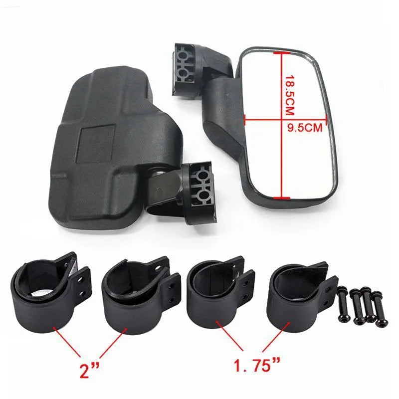 Black universal motorcycle off-road rearview mirror pair for UTV with plastic housing and glass mirror