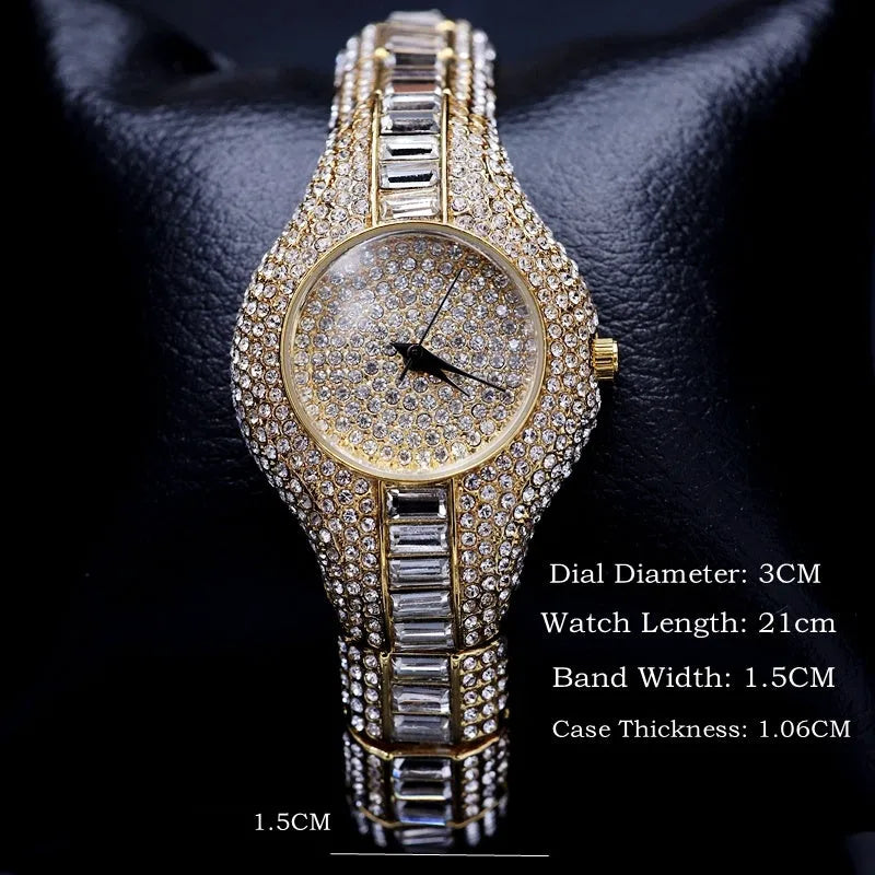 Gold ladies' quartz watch with diamond and colourful stone decoration, round alloy case, alloy strap, and mineral strengthened glass mirror