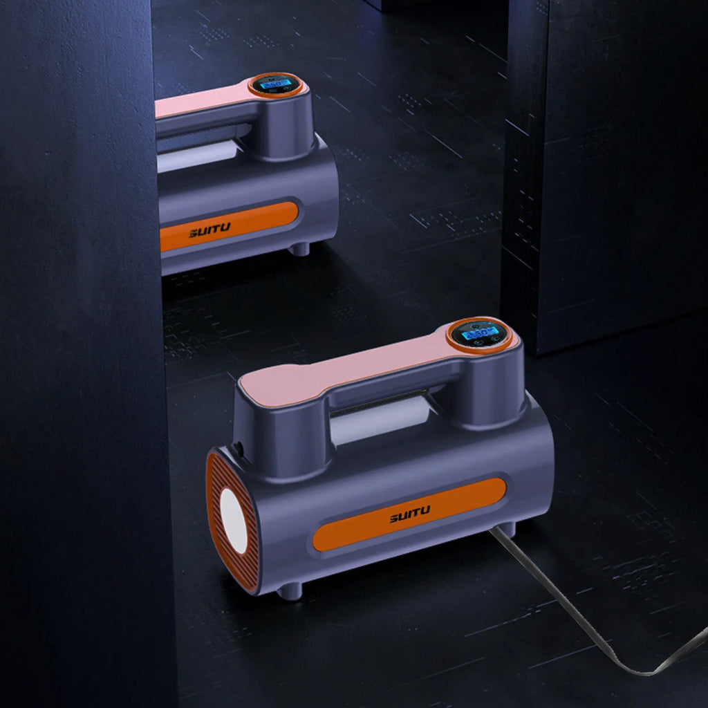 Cordless portable tyre inflator with digital display showing pressure reading