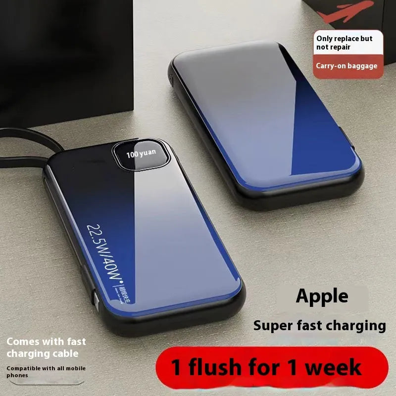 Black portable power bank with integrated charging cable showing compact industrial design