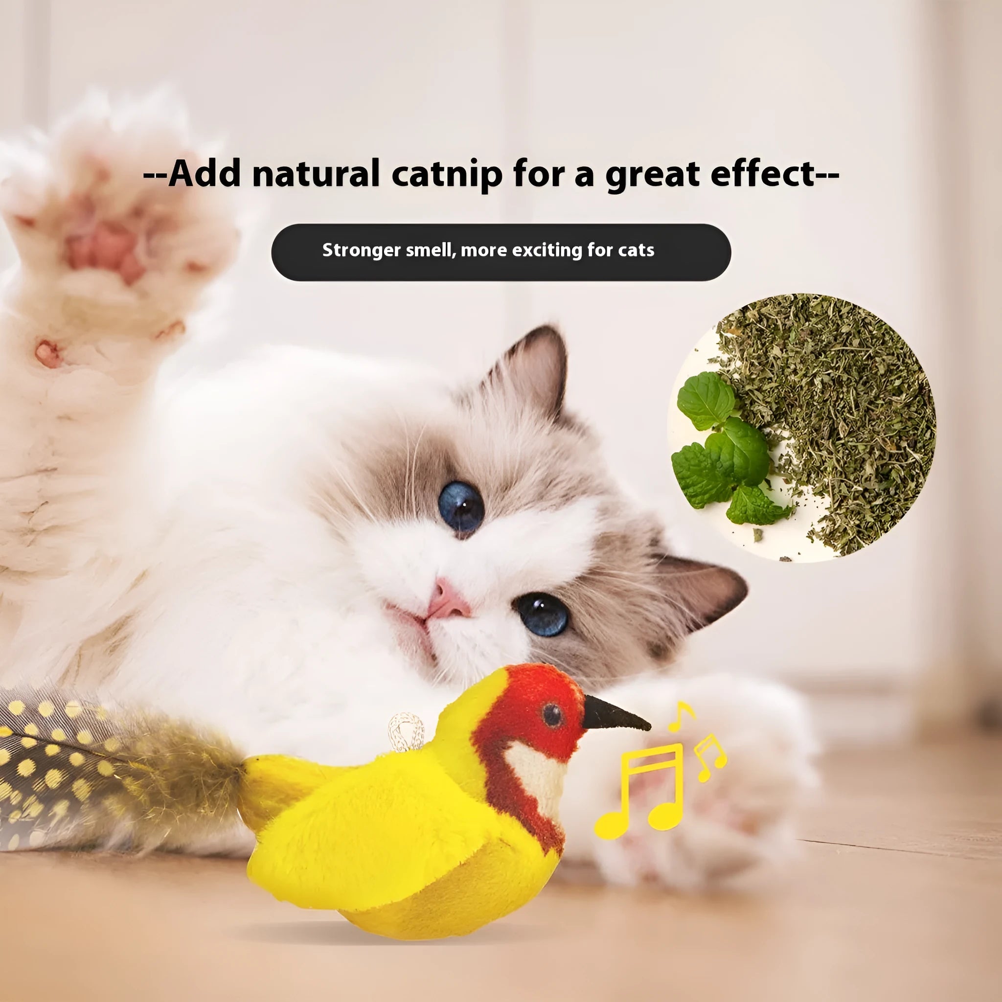 Plush bird simulation cat toy in colourful bird, sparrow, blue kingfisher, or yellow bird colour variants