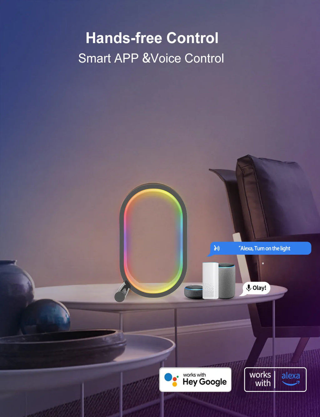Smart RGB Ambience Light in black finish with USB cable and app control via smartphone