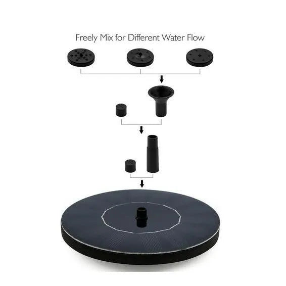 Black solar-powered water fountain pump with four different spray nozzles on a white background
