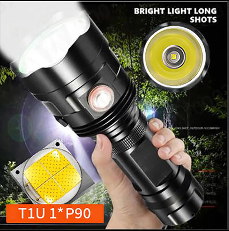 Black aluminium alloy tactical flashlight with USB charging port and multiple lighting modes