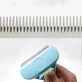Dog and cat comb brush with stainless steel pins, rubber and plastic handle, shown in blue or pink and small or large sizes
