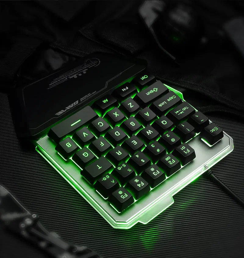 Black G40 Flow one-handed mechanical gaming keyboard with RGB backlighting on keys.
