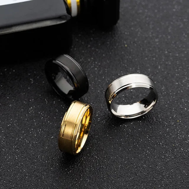 8mm stainless steel unisex ring with geometric circle design in black, gold or silver, sizes 5 to 14