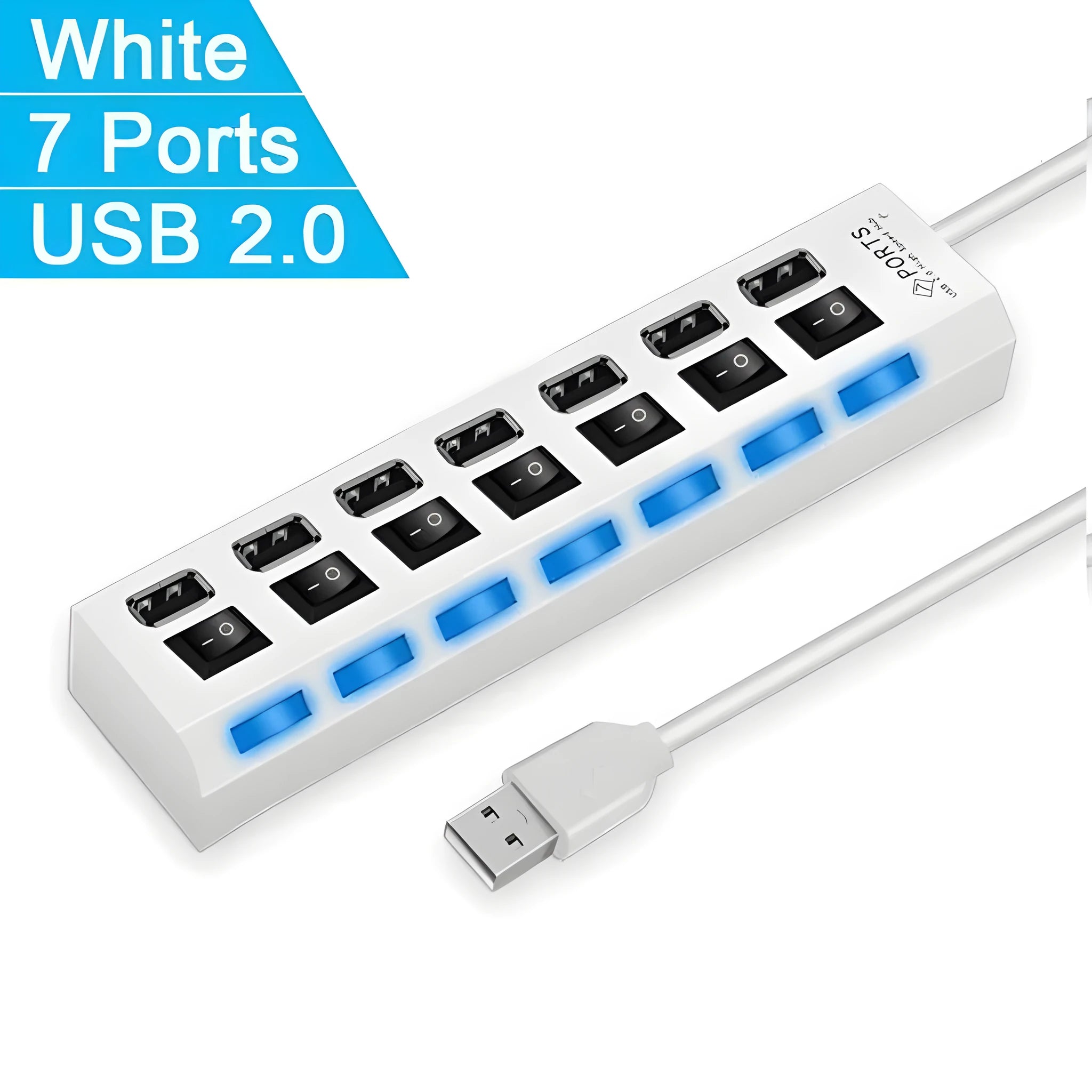 Black and white USB hub switch showing 4-port and 7-port models for laptop and desktop computers.