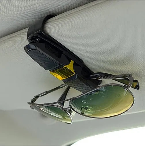 Car sun visor sunglasses clip with carbon fiber finish and double clip design holding glasses and cards