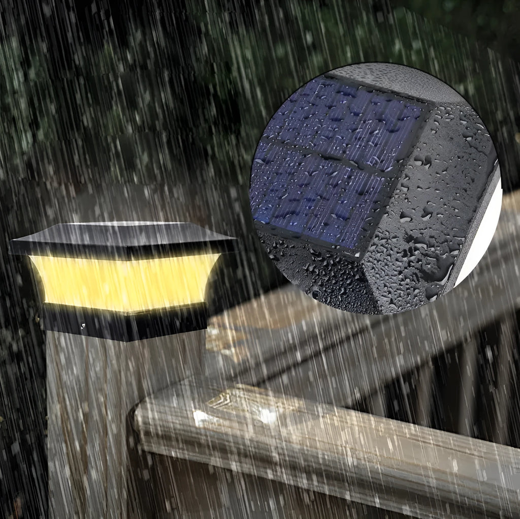Compact 5W solar LED landscape light measuring 153x153x97mm with warm and white light options