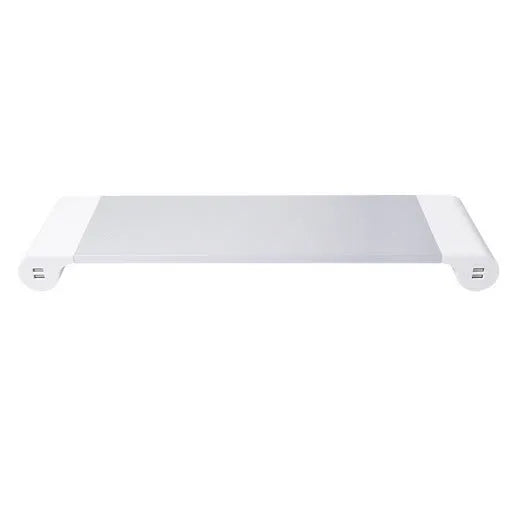 Silver and black computer monitor stand with USB ports on the front and a keyboard shelf underneath
