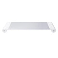 Silver and black computer monitor stand with USB ports on the front and a keyboard shelf underneath