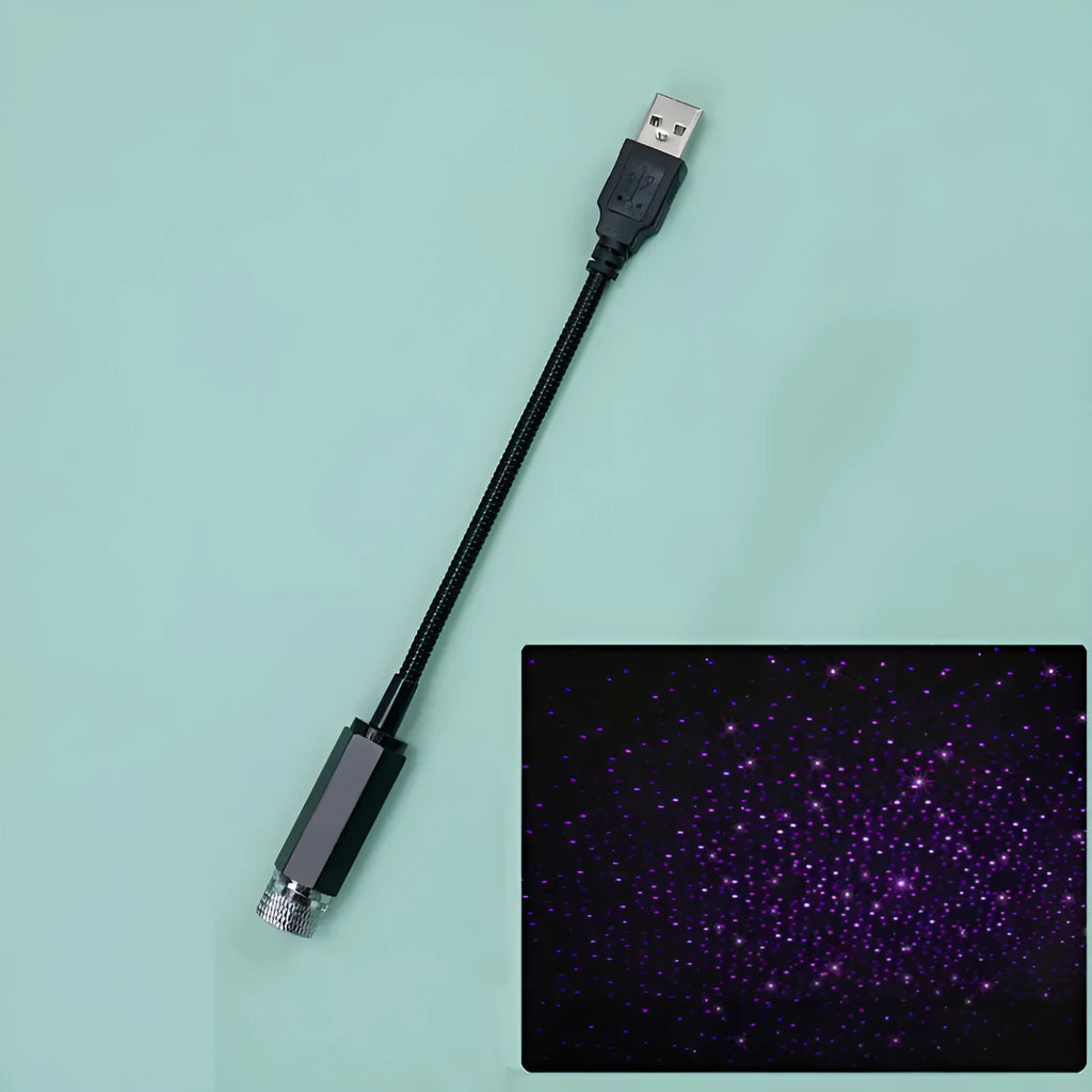 LED car roof star night lights projector showing purple star projection on car ceiling