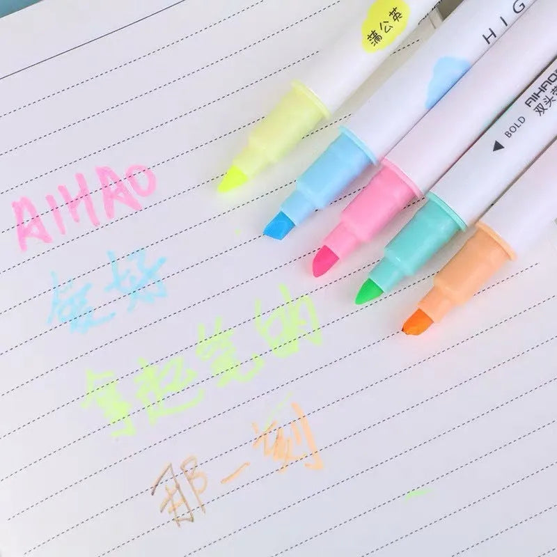 5 double-headed gel pens in different colours showing both chisel and fine bullet tip styles