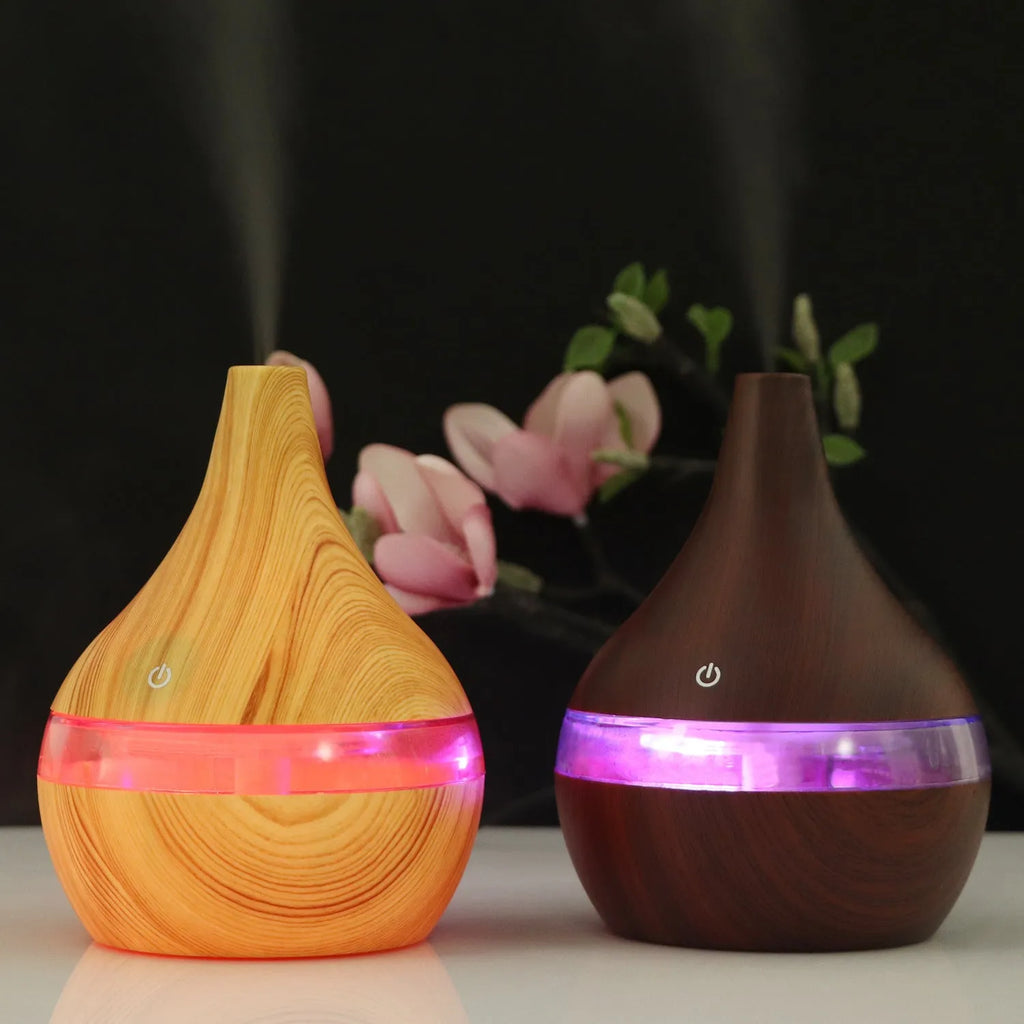 USB mini desktop air purifier and humidifier in wood grain finish for small rooms.