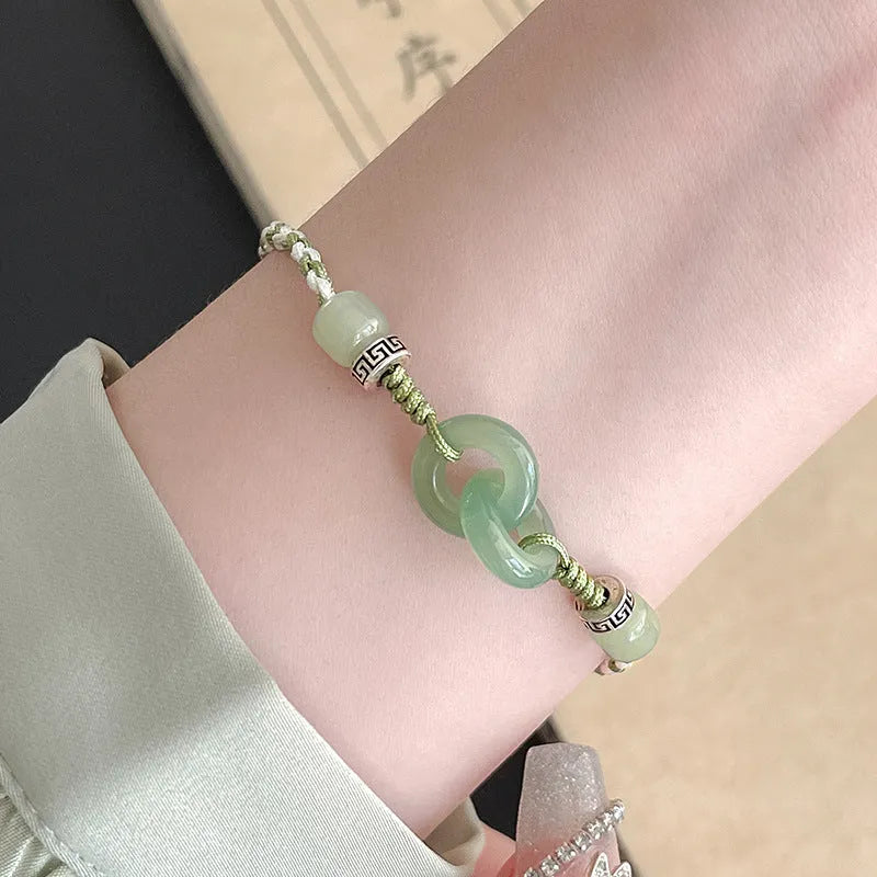 Green jade buckle women's bracelet with double ring design and copper construction
