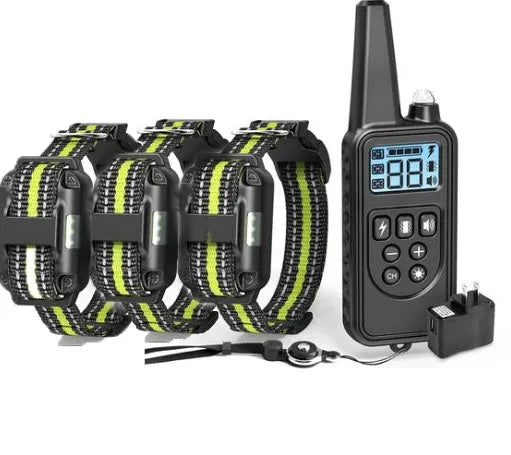 800m remote dog training collar with IP67 waterproof receiver, blue backlight screen, and adjustable 67cm collar