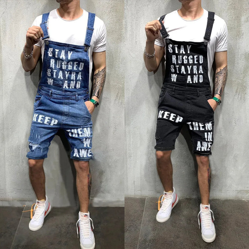 Men's ripped denim jumpsuit with braces straps in black or dark blue, sizes S to XXL