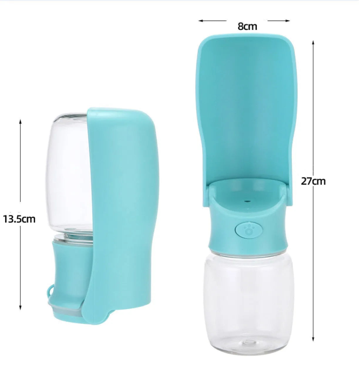 Blue foldable dog water bottle showing portable pet water dispenser in collapsed and expanded states.